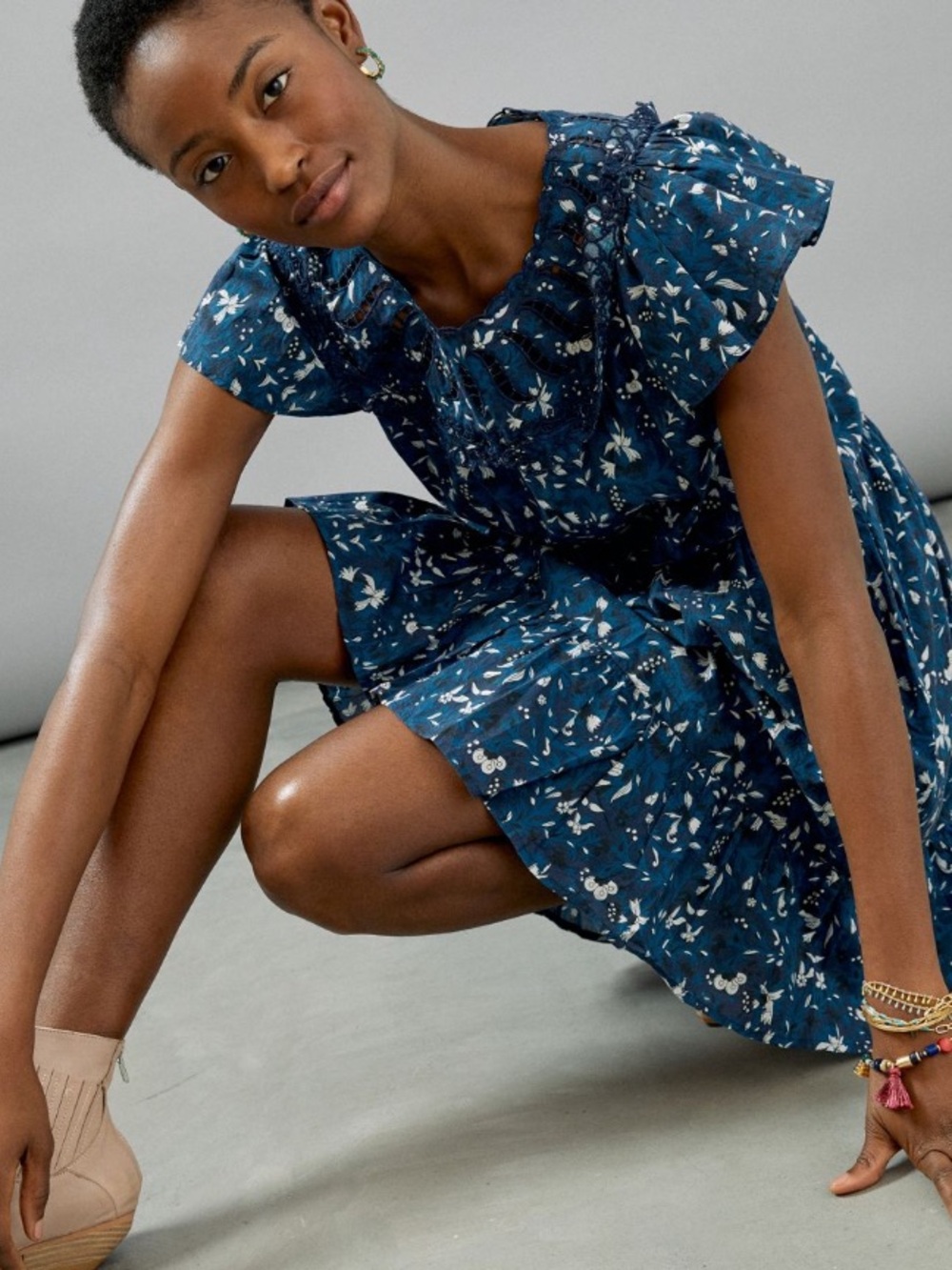 Blue Anthropologie Othilia Blue Floral Cotton Dress 1x - Picture 2 of 10